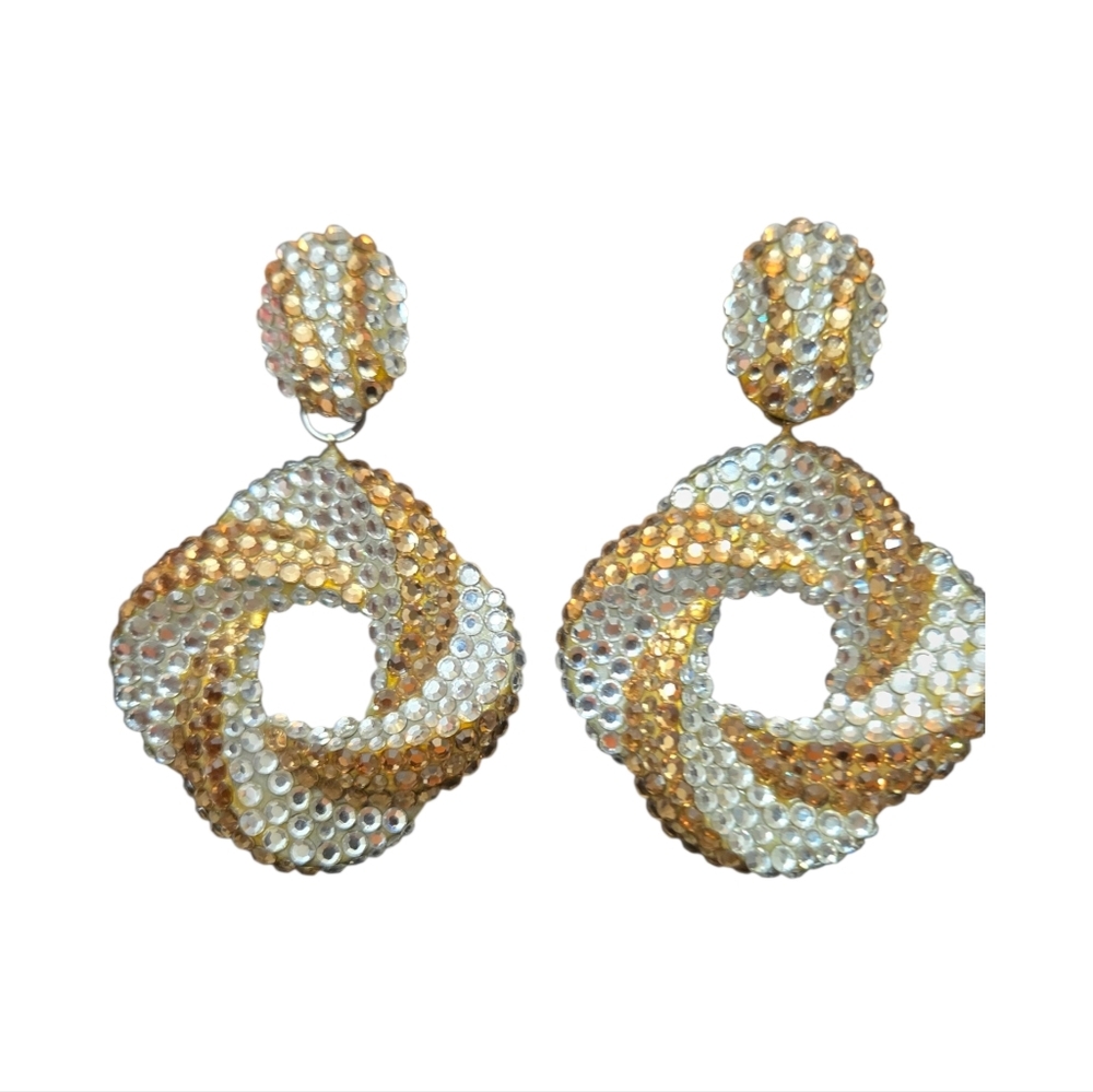 Vintage Richard Kerr 1980 Champagne Crystal Swirl Hoop Drop Earrings Signed